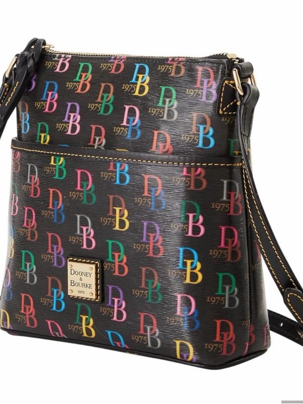 Classic Dooney & Bourke Multicolor Monogram Crossbody Bag – Black Leather Trim